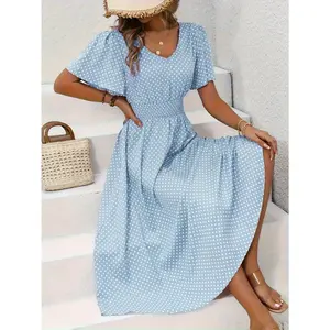 Plus Size Women's Summer Casual Short Flutter Sleeve V Neck Elastic Waist Flowy Polka Dots Dress
