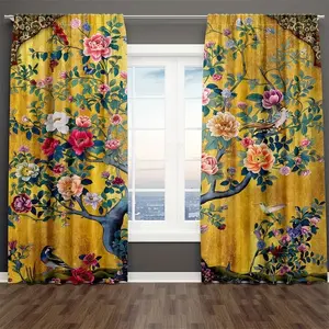 2 pieces of high-definition digital Bohemian peony flower retro plant spring bird print curtains. Made of polyester, semi-transparent material, machine washable. Suitable for bedrooms, living rooms and home decoration.