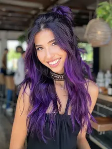 24 Inch Cuttable Synthetic Hair Lace Front Wigs Long Curly Wavy Purple Silk 13*4 Transparent Lace Frontal Wig Free Part Pre Plucked Hairline Dark Roots Glueless 130% Density Heat Resistant Fiber Fit Daily Use & Christmas Festival Party Wear Put on and Go