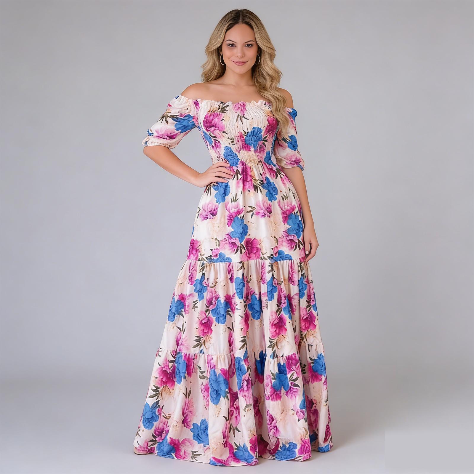 LikeMychoice Women's Off Shoulder Ruffle Long Dress Tropical Print Vacation Maxi Dress Casual Womenswear LikeMychoice Women's Off Shoulder Ruffle Long Dress Tropical Print Vacation Maxi Dress Casual Womenswear