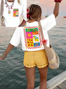 Women's Sun Strawberry Lemon Print Round Neck Graphic Statement T-Shirt Top, Vintage Fashion Casual Short Sleeve Fitted Tee, Daily Wear, Ladies' All Seasons Clothing