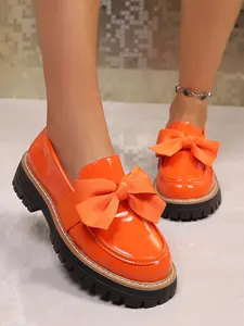 Women's Fashion Round Toe Loafers Spring & Fall All-Season Bowknot Chunky Heel Slip-On Shoes, Lightweight Comfortable PU Waterproof Casual Footwear