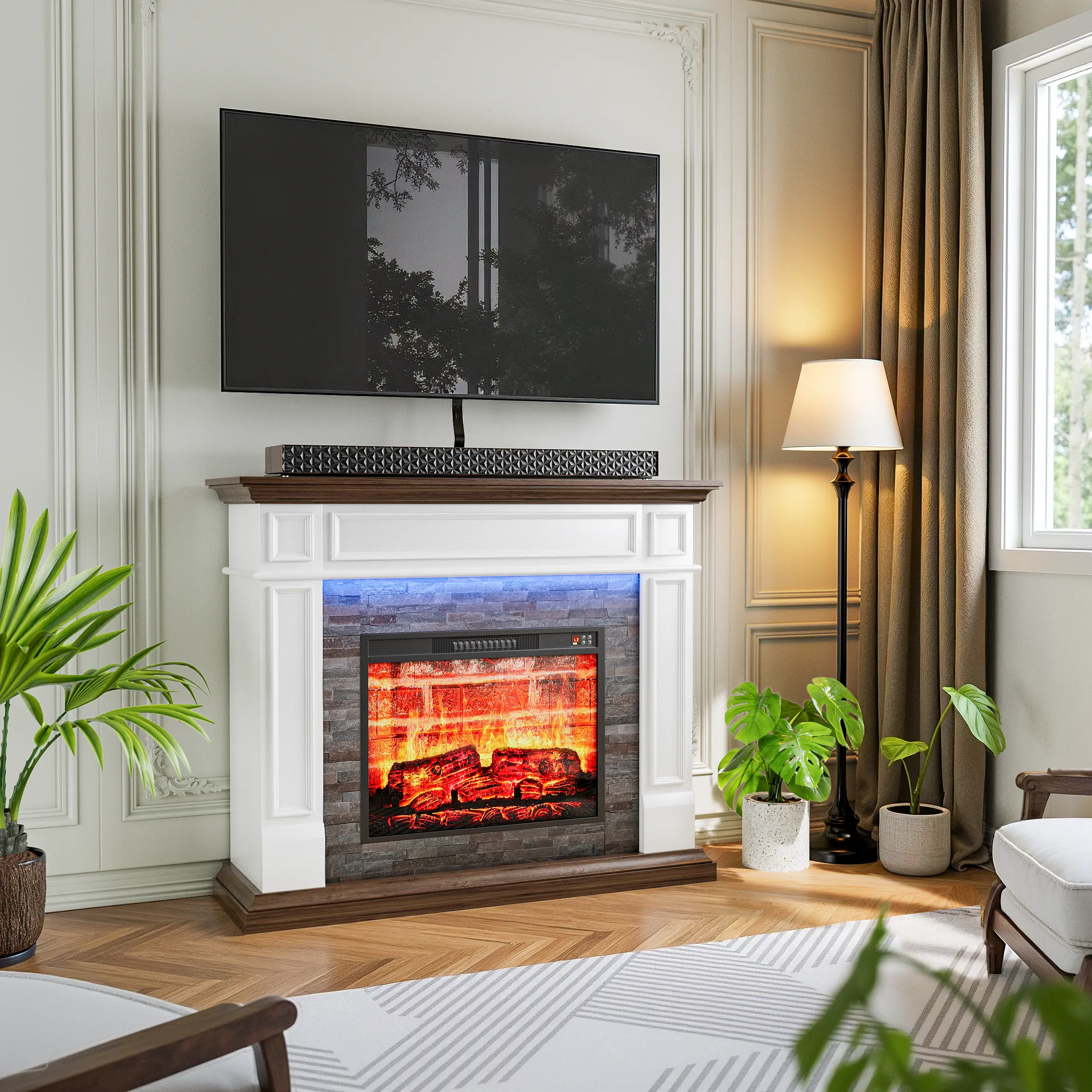 【2 Packages shipped] LGHM 44" /72‘’/104‘’Electric Fireplace with Mantel, Fireplace TV Stand for TVs , Farmhouse Entertainment Center with Storage, Fireplace Heater Insert with Realistic 3D Flame for Living Room,Bedroom，Traditional Fireplace Mantel