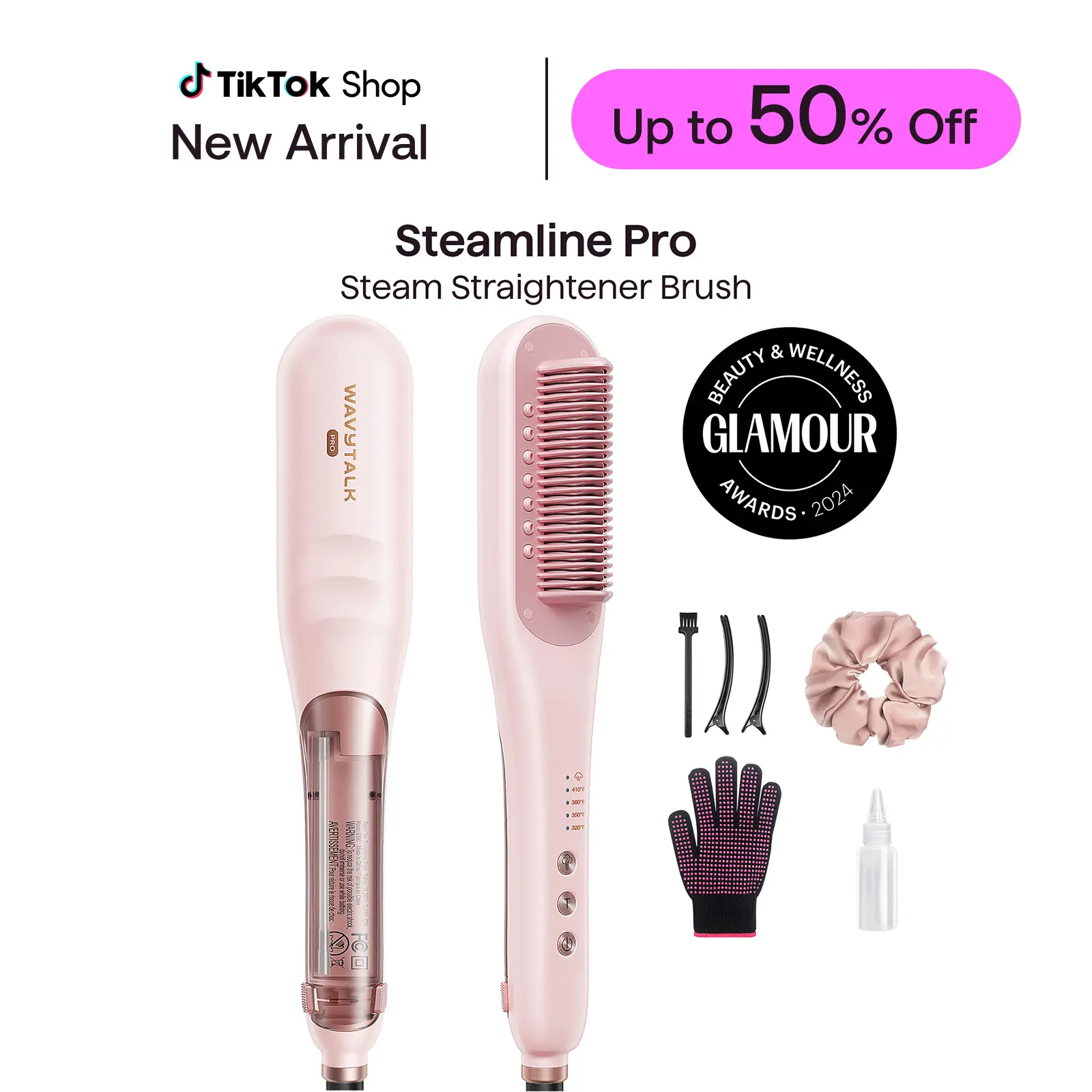 Wavytalk Steamline Pro Steam Hair Straightener Brush Hair Straightening Comb with Scrunchie and Glove
