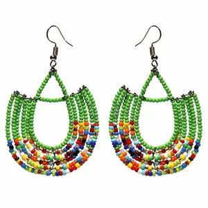 Maasai Beaded Basket Dangle Earrings - Green/Multi-Fair Trade - Kenya