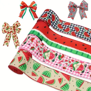 Summer Picnic Watermelon Print Bow Tie, 5 Yard Watermelon Striped Craft Ribbon, Thanksgiving DIY Home Decor, Holiday Decoration