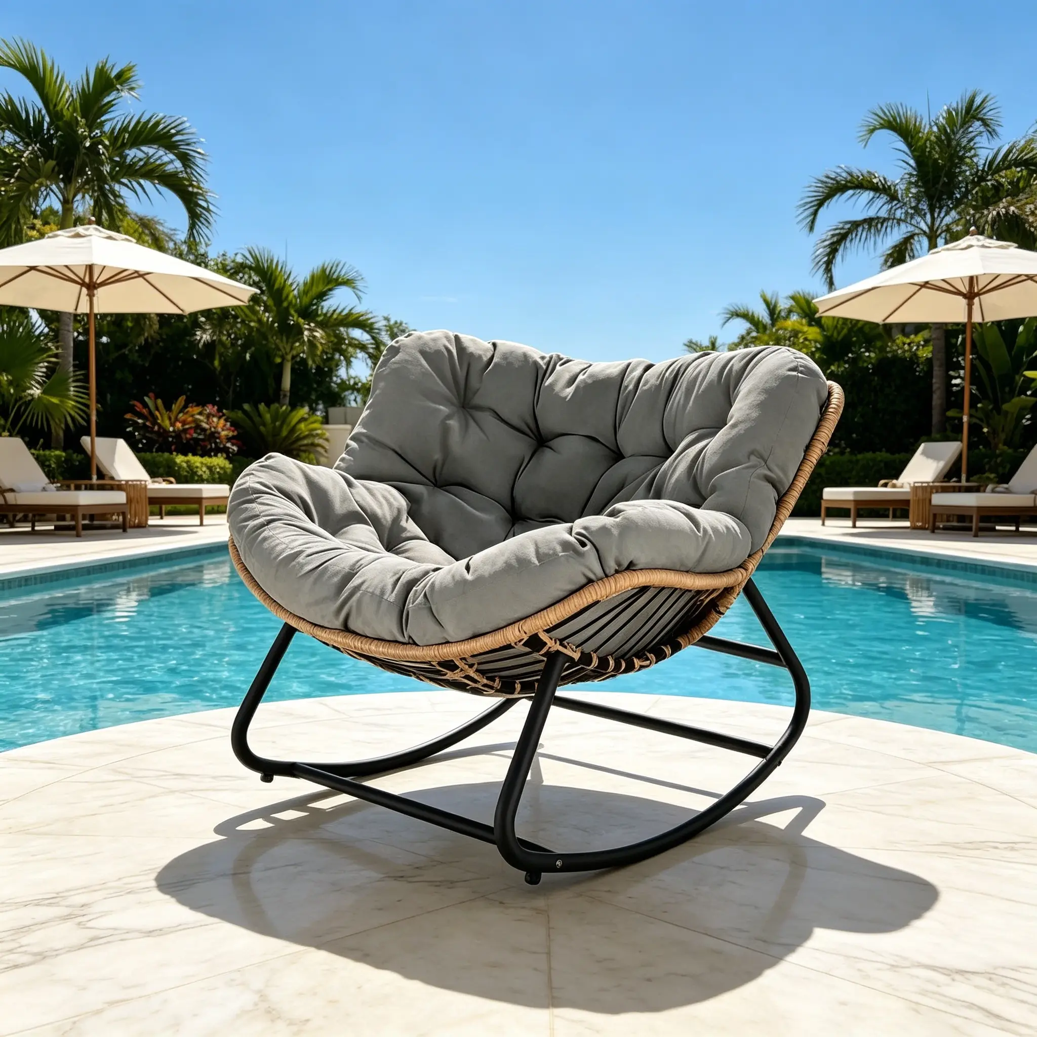 Papasan Rocking Chair,  Indoor/Outdoor Wicker Egg Lounge Chair with Soft Cushion, Supports 330 Lbs, for Bedroom,Living Room,Patio,Porch,Garden – Gray,Enhanced Version depatio set Egg Chair with Cushion Rattan Outdoor Papasan Rocking furniture