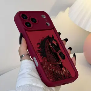 Phone Case: 1 Dark Red Base with Black Horse Pattern TPU Material Phone Case for iPhone 17 E Air Pro ProMax iPhone16 15 14 Plus 13 12 Mini 11 X XS XR, Fashion Protective Soft Case, Premium