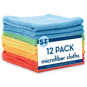 S&T INC. 12 Pack Microfiber Cleaning Cloth, Bulk Microfiber Towel for Home, Reusable and Lint Free Cloth Towels for Car, Assorted Colors, 11.5 Inch x 11.5 Inch, 12 Count
