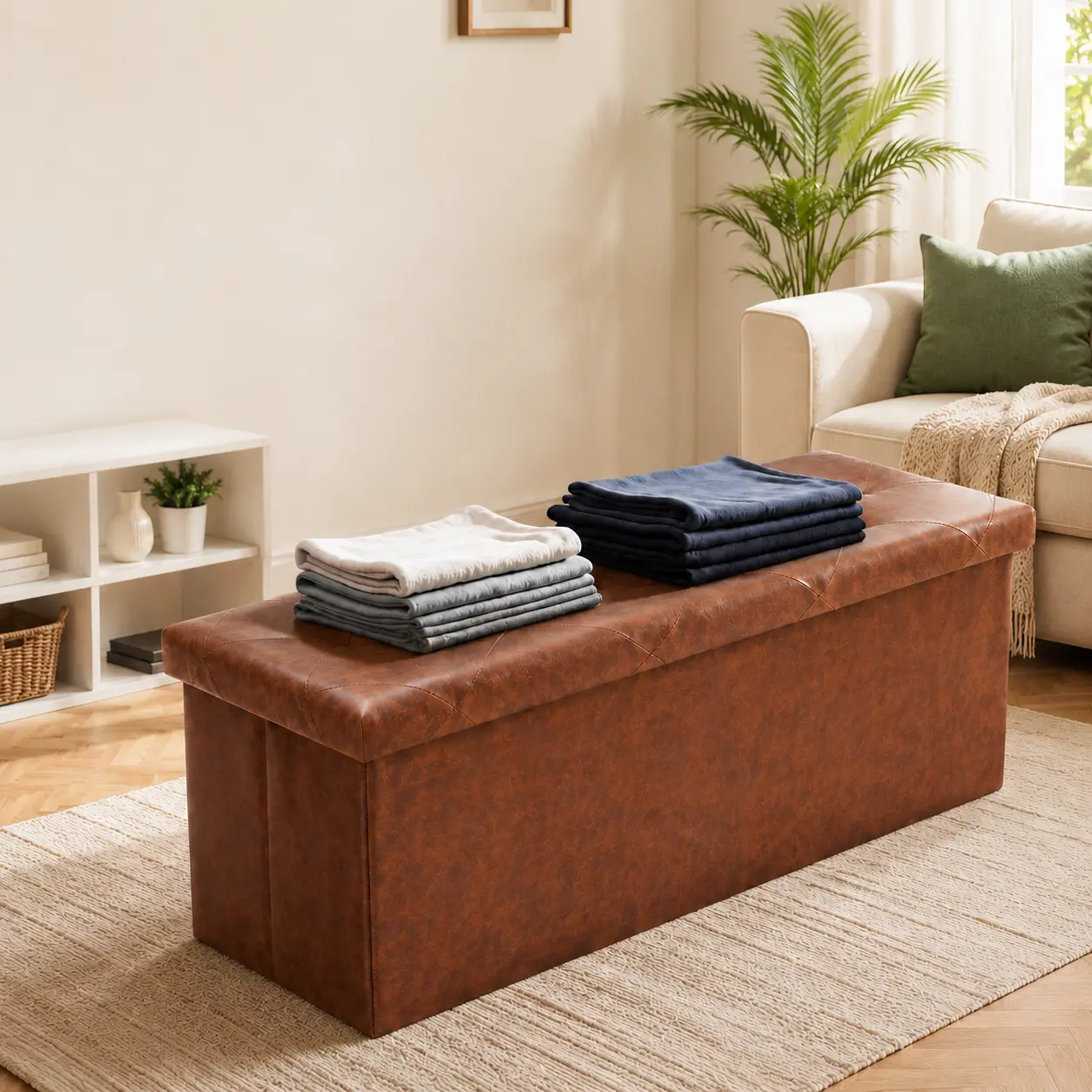 43" Foldable Storage Ottoman Bench, Black Faux Leather Storage Chest with Thick Foam Padded Seat, Folding Ottoman Foot Rest Stool, End of Bed Bench for Bedroom, Entryway & Living Room, 660 lb Capacity