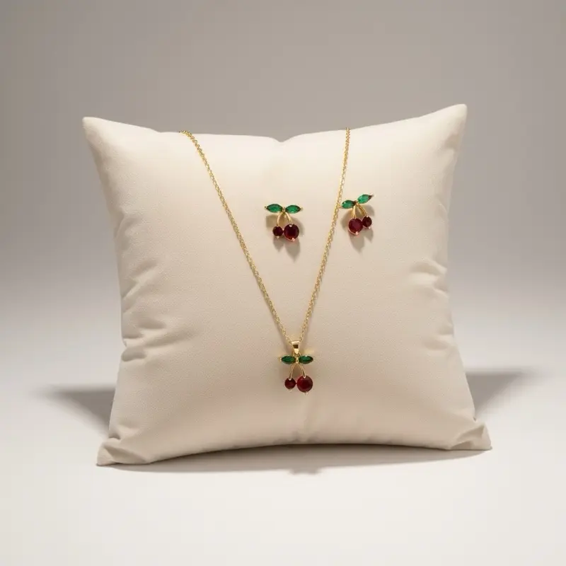 Cherry Set 1033 with Earrings and Necklace, Gold Chain, Cherry Pendant, Elegant Design
