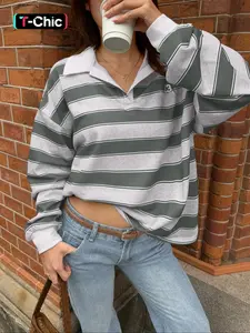 Women Olive Stripe Rugby Shirt Collared Turn Down Collar V Placket Striped Long Sleeve Relaxed Fit Drop Shoulder Preppy Casual Chest Number Cotton Jersey Athleisure Layering Friendly Fall Spring Essential Curved Hem Denim Friendly Easy Care Top