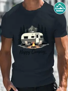 Men's Happy Camping Graphic T-Shirt - Casual Crew Neck, Short Sleeve, Summer T-Shirt, with Camper Van and Campfire Design, Lightweight Polyester, Black, Camping Apparel, PLUS SIZE, Extra Large
