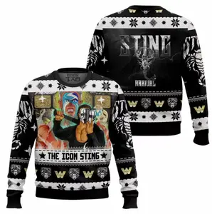 The Icon Sting Christmas Sweater – Black & White Holiday Knit Pullover with Retro WWE Design | Ugly Xmas Party Outfit