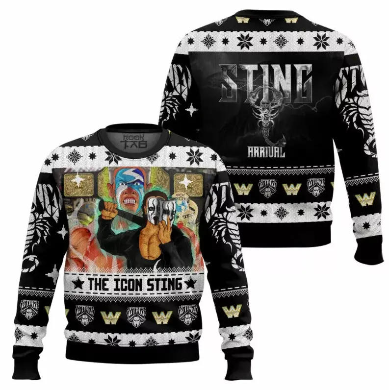 The Icon Sting Christmas Sweater – Black & White Holiday Knit Pullover with Retro WWE Design | Ugly Xmas Party Outfit