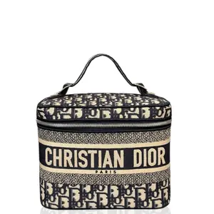 Pre-owned Dior Leather travel bags Embroidered Diortravel Vanity Case Oblique Blue Beige (qy012826b7)
