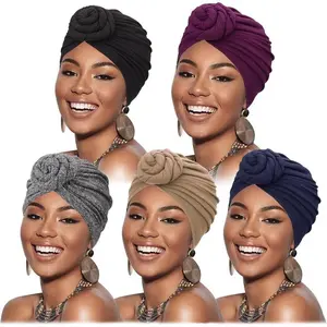 5 Pack Knotted Headwraps for Women African Turban Pre-Knotted Beanie Headwraps Hair Covers(Sheets)