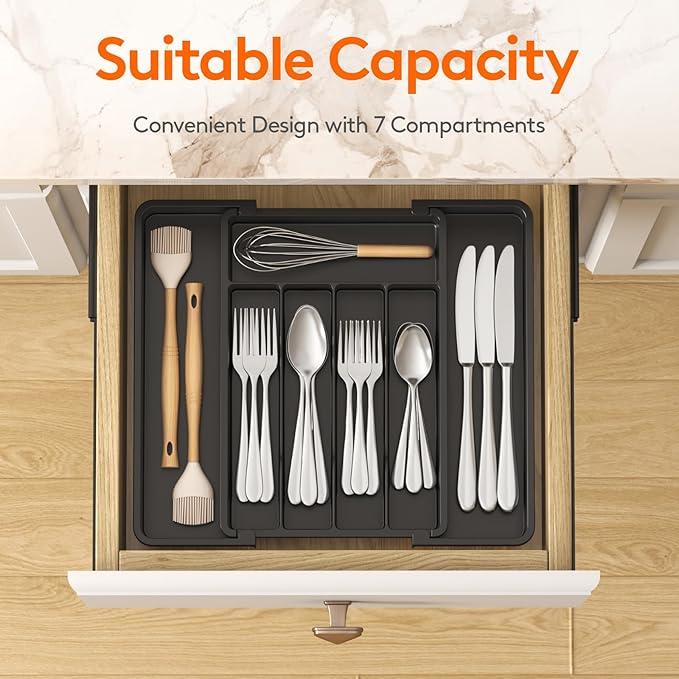 Silverware Drawer Organizer, Expandable Utensil Tray for Kitchen, BPA Free Flatware and Cutlery Holder, Adjustable Plastic Storage for Spoons Forks Knives, 8.5"-14.1" x 12.1", Black