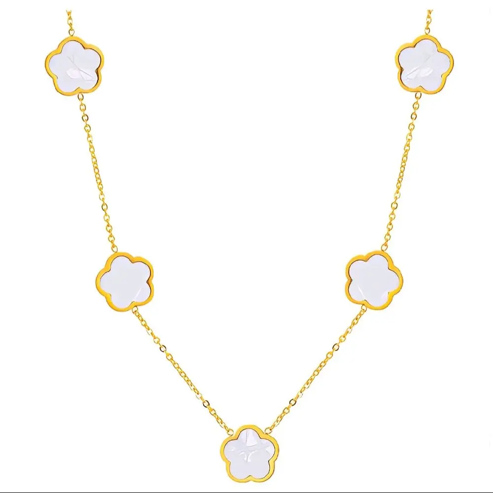 Waterproof, Gold White Clover Floral Jewelry Set Necklace Earrings Bracelet