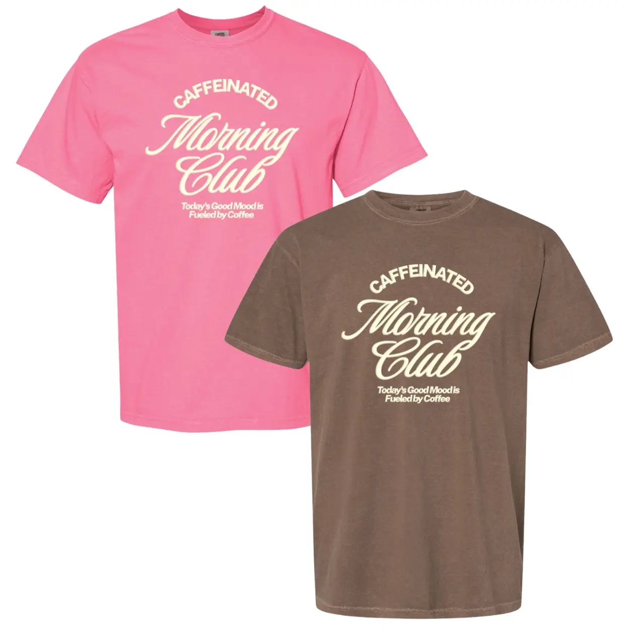 United Monograms Women's Casual Relaxed-Fit Cotton Crew Neck T-Shirt with 'Caffeinated Morning Club' 3D Puff Print, Baggy Oversize Basic Tee, Crunchberry, Espresso, Streetwear, Round Neck, All Seasons, Cold Wash, Shortsleeve, Printed