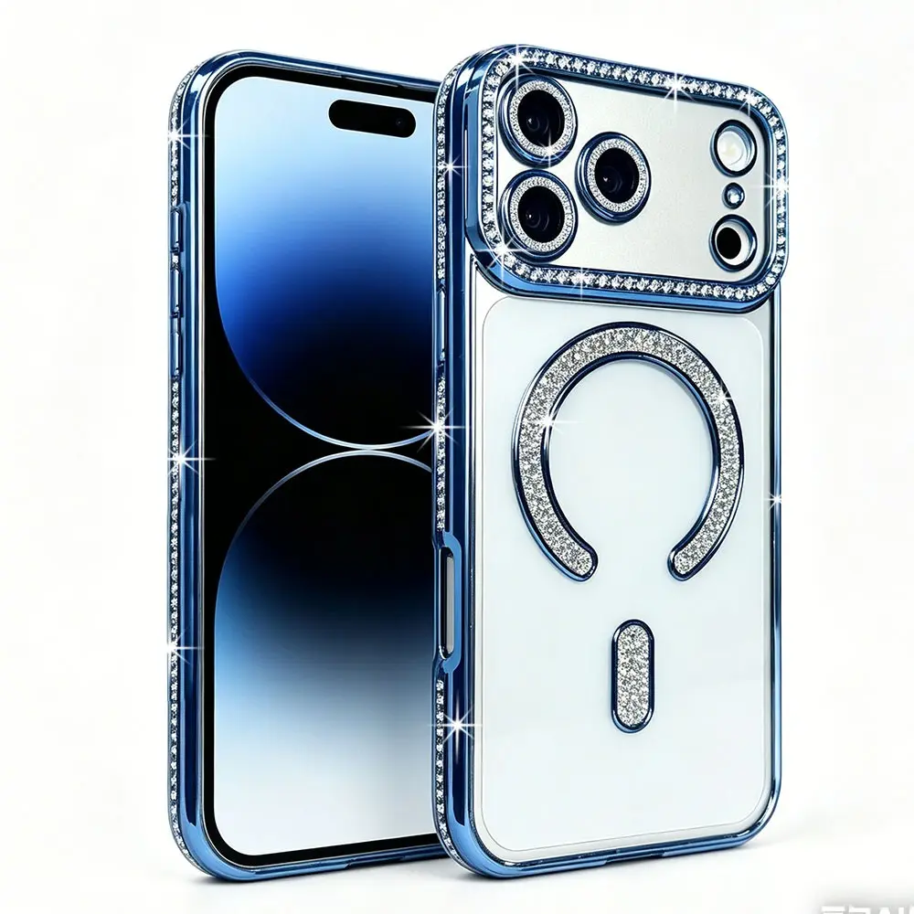 Fashionable Protective Magnetic Wireless Charging Transparent Phone Case with Shiny Rhinestone Design for iPhone 11/12/13/14/15/16/17 Air, Pro, Pro Max, Plus, 16E/SE4, TPU Bumper Cover, Cellphone Casing