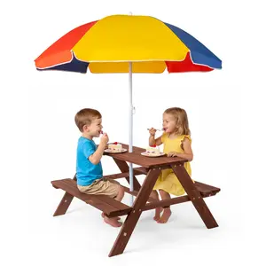 Kids Picnic Table, Toddler Table and Chair Set with Umbrella, Wooden Activity Table with Benches, Dining Table for Indoor, Kids Outdoor Table for Patio Garden Backyard, Gift for Boys Girls, Dark Brown