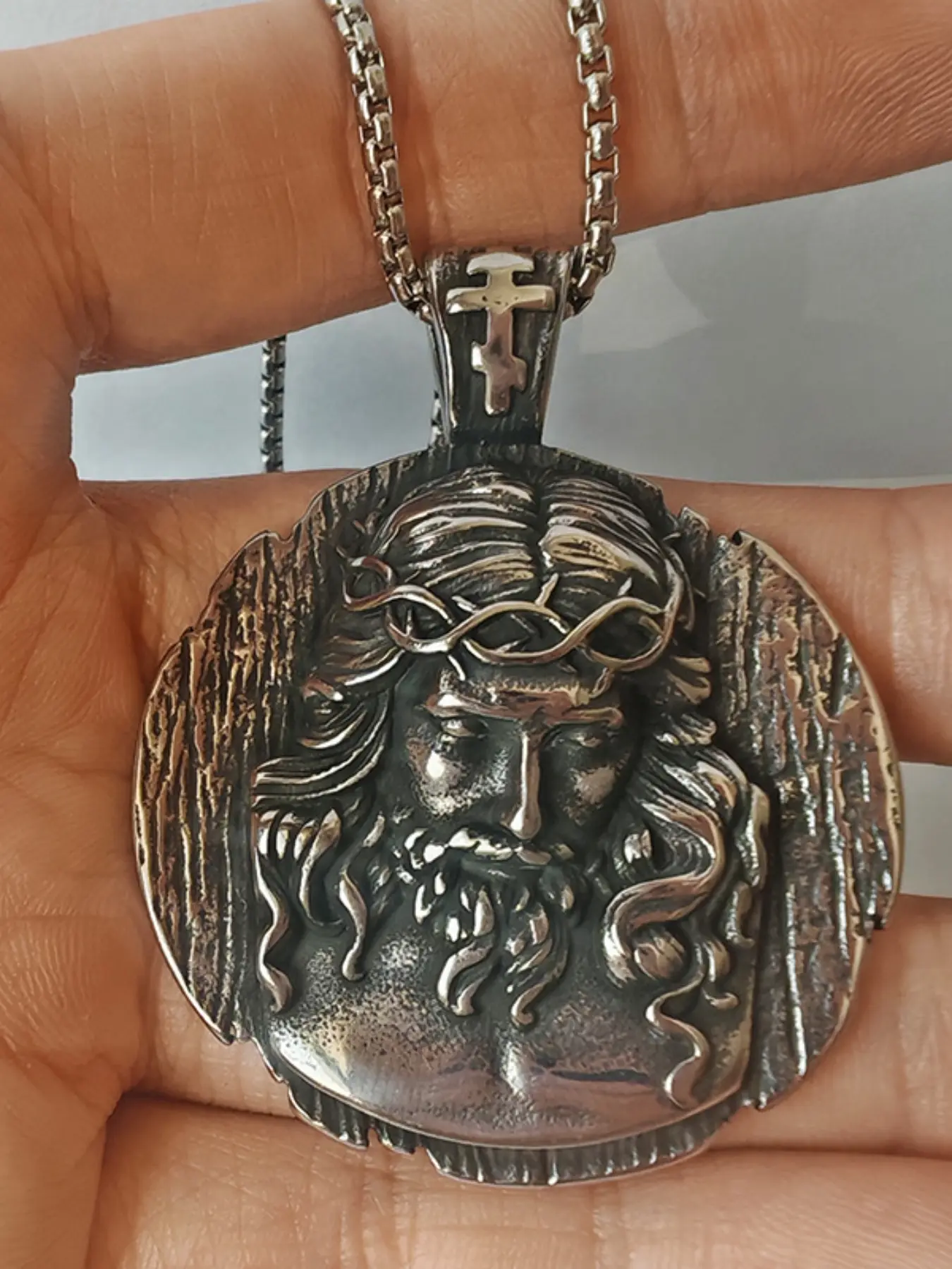 Vintage Oxidized Silver Jesus Christ Crown of Thorns Pendant Necklace for Men, Orthodox Cross Bail, Heavyweight Box Chain, Gothic Religious Jewelry