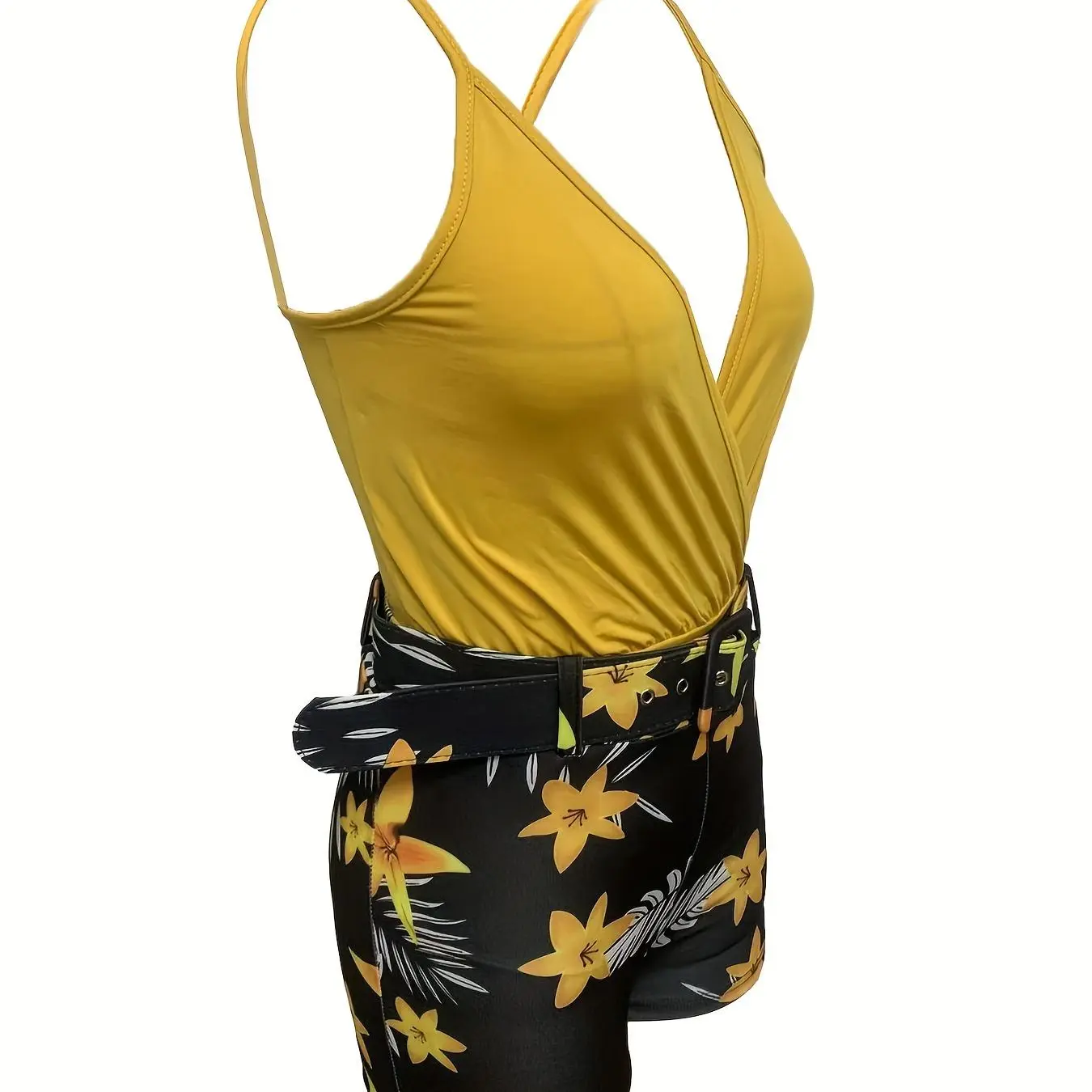 Women's V Neck Sleeveless Top & Plant Print Shorts Set with Belt, Summer Matching Set, Summer Tropical Floral Outfit, Perfect for Vacation, Beach and Casual Daily Wear, High Waist Fitted Design Women's V Neck Sleeveless Top & Plant Print Shorts Set with Belt, Summer Matching Set, Summer Tropical Floral Outfit, Perfect for Vacation, Beach and Casual Daily Wear, High Waist Fitted Design