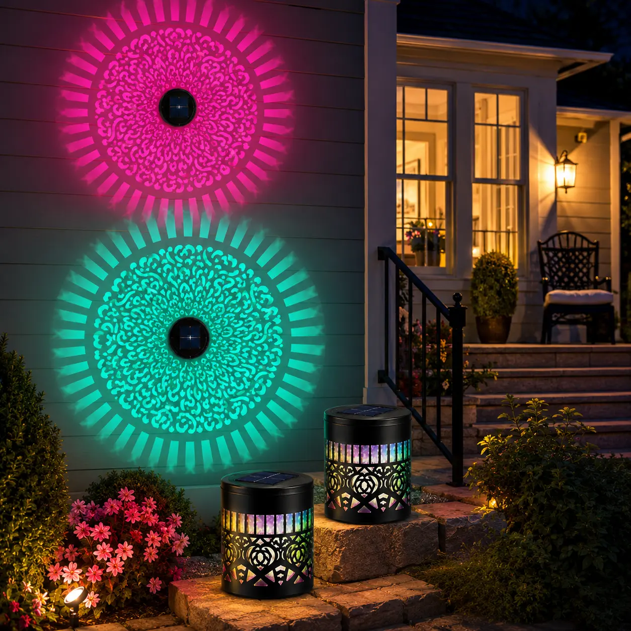 ECOS INNOVATION Solar Mandala Lights Outdoor, Solar Lawn Light  Sunset Lamp 7 Auto Color Changing Waterproof Wall Projector Light - Decorative LED Exterior Landscape Lamp for Outside Fence, Backyard, Garden, Yard, Patio Decoration(2pcs#)