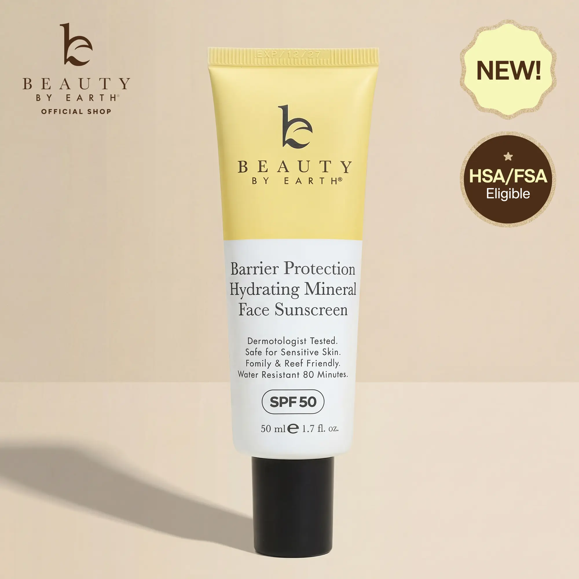 Beauty by Earth Barrier Protection Hydrating Mineral Face Sunscreen SPF 50 -  Daily Facial Moisturizing Sunscreen Sun Care HSA/FSA Eligible for Sensitive Skin UV Protection