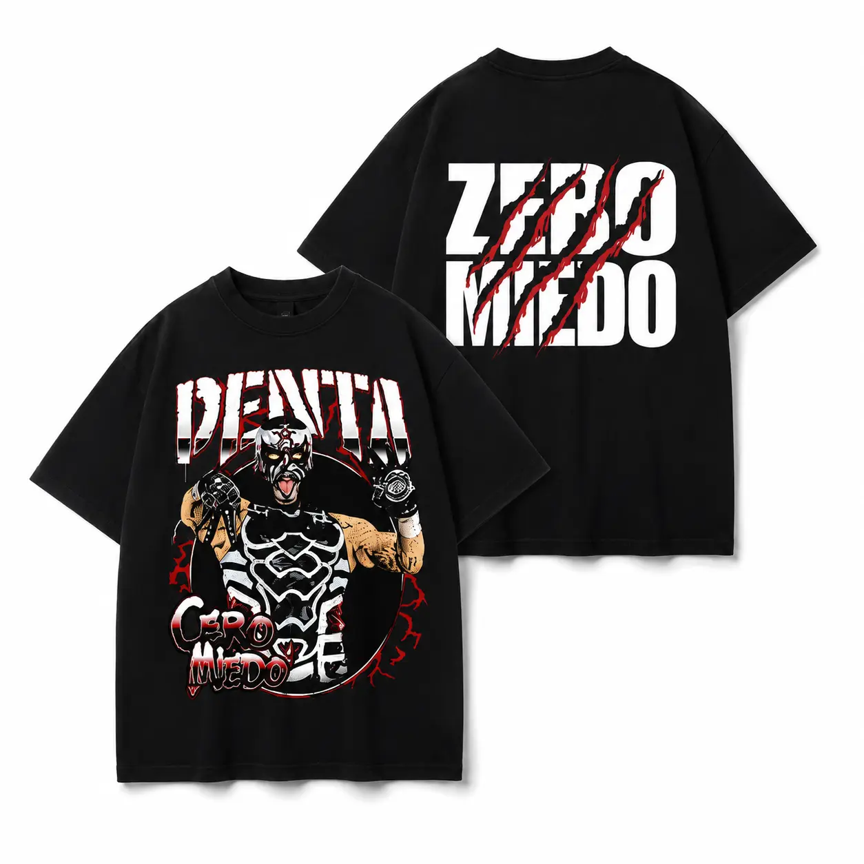 Penta Cero Miedo T-Shirt, Front and Back Lucha Libre Masked Fighter Graphic Tee, Black Wrestling Shirt with Red Claw Mark Design, Ring Event Fan Apparel