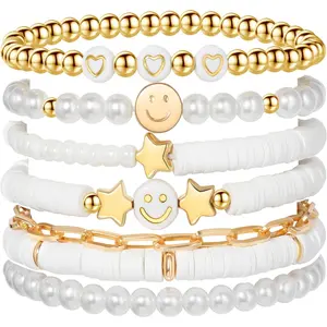Preppy Bracelet Set, Colorful White Gold Smile Heart Star Beaded Pearl Clay Stackable Charm Bracelets for Girls, Women and Teens, Y2K Kidcore Summer Beach Boho Layering Jewelry