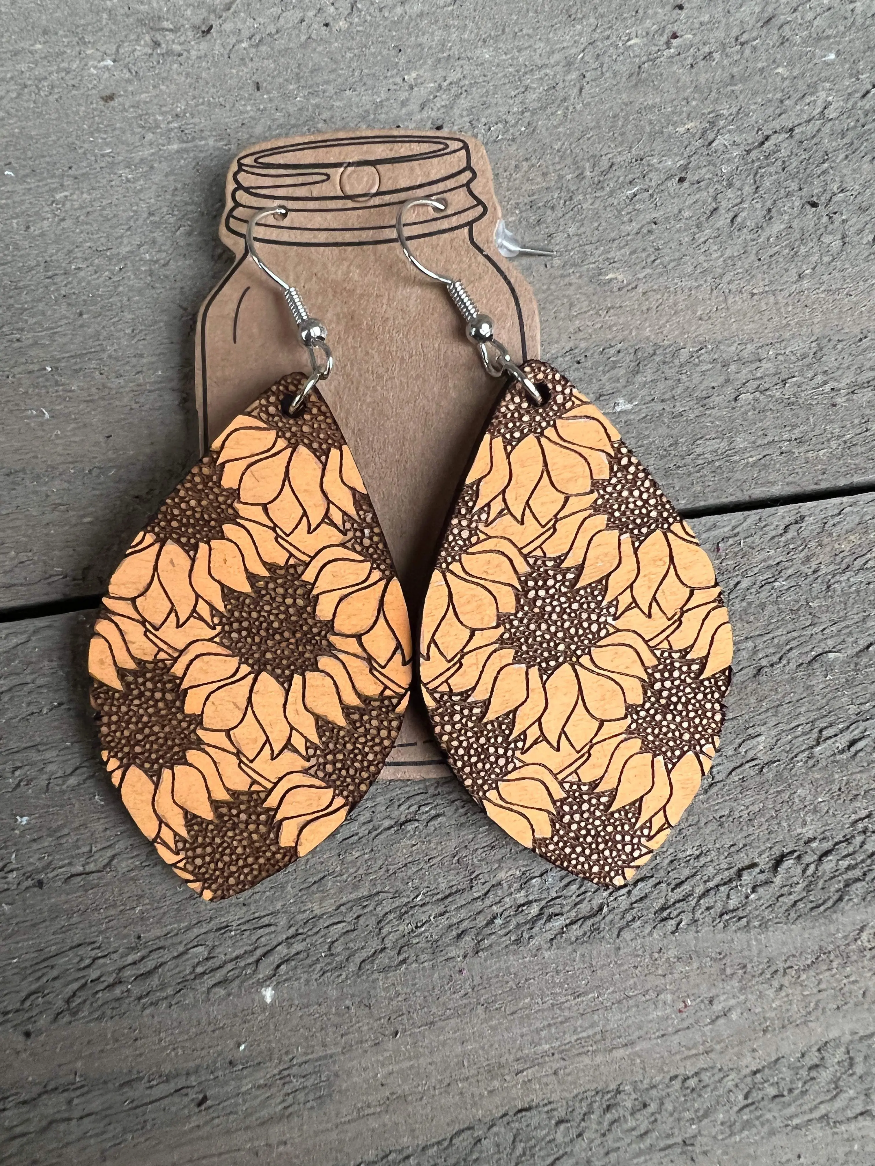 Sunflower Drop Engraved Wooden Earrings