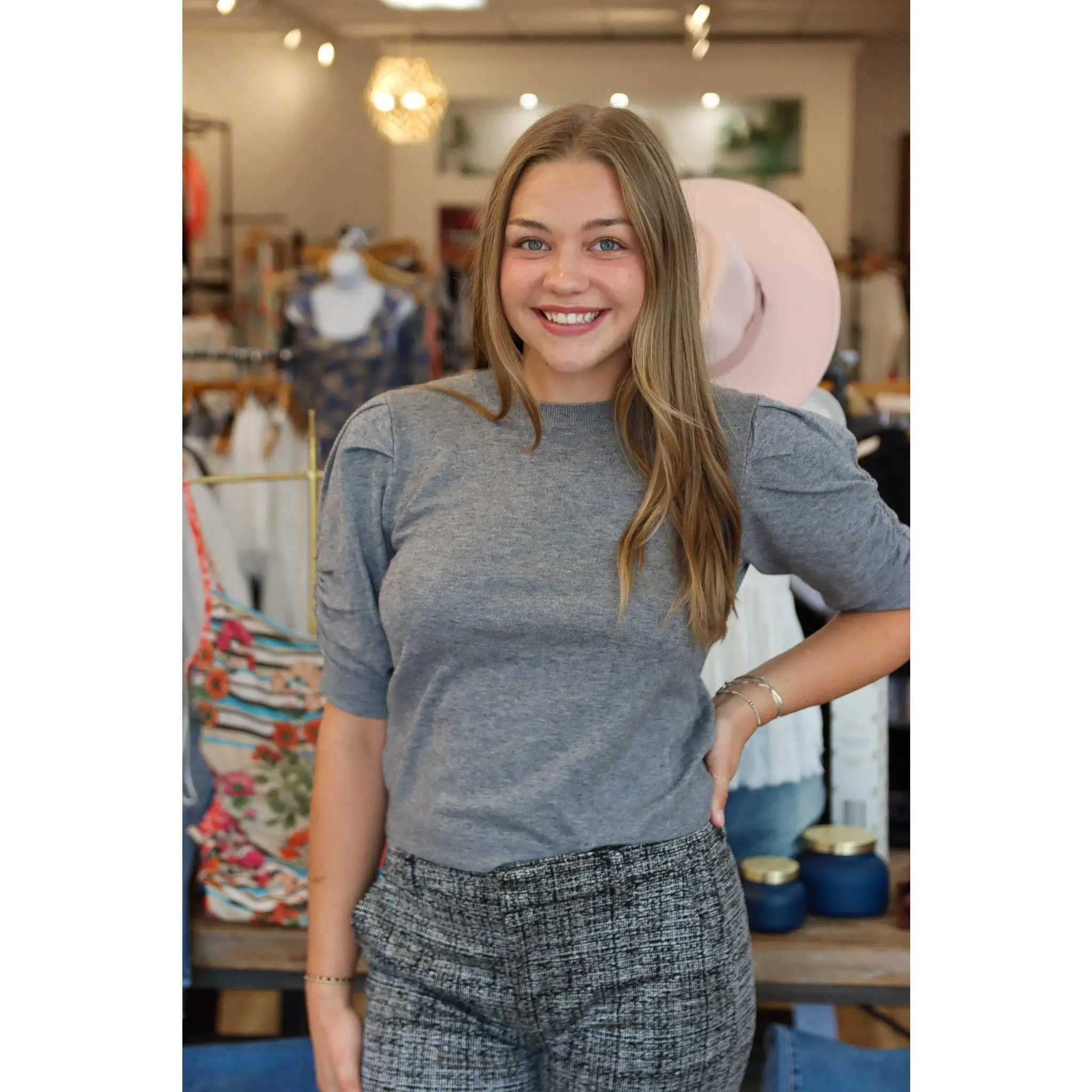 PINCH RUCHED PUFF SLEEVE KNIT TOP