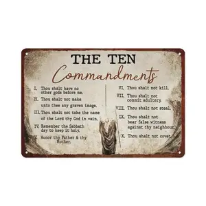 The Ten Commandments Vintage Metal Sign, Christian Faith Moses Silhouette Wall Art, 12x8in Aluminum Decor for Church, Home, Religious Gift