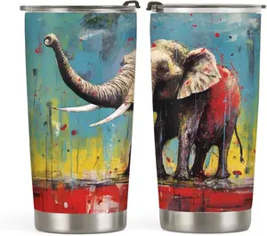 20oz Elephant Gifts for Elephant Lovers, Elephant Coffee Cup, Colorful Painting Elephant Tumbler Cup, Stainless Steel Coffee Thermos Insulated Travel Mug with Lid - K