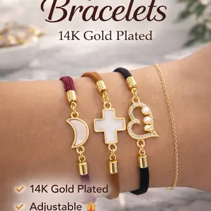 Adjustable Charm Bracelet 14K Gold Plated | Moon Cross Heart elephant