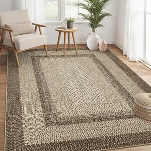 Garvee 9x12 Large Washable Living Room Rug with Non-Slip Backing, Boho Braided Print Carpet for Indoor Use, Farmhouse Rustic Bohemian Accent Area Rug for Bedroom and Home Decor, Camel