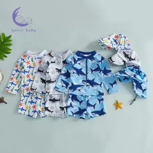 Toddler Baby Boy Rash Guard Swimsuits 3 Pcs Set Print Zip Up Long Sleeve Swimwear Tops Shorts and Hat