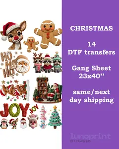Christmas DTF Transfers Gang Sheet 14 Designs 23x40" Ready To Press for Cotton Polyester & Blends Same/Next Day Shipping Art Crafts