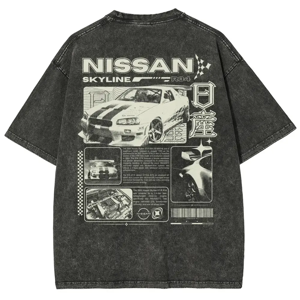 Vintage JDM Sports Car Graphic Washed Denim T-Shirt Skyline Men's Graphic Tees Streetwear Outfits Men Vacation Outfits Oversized Tshirt Men