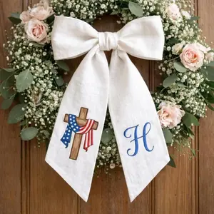 Personalized Embroidered Cross Wreath Sash, USA Flag Door Decor, Satin/Cotton