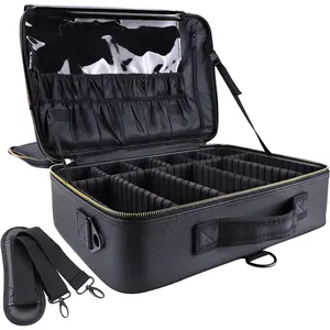 Travel Makeup Train Case PU Leather Professional Makeup Case 16" with Adjustable Strap Portable Cosmetic Organizer Artist Storage Bag for Toiletry Jewelry Digital Accessories (L-Black) OEWOER