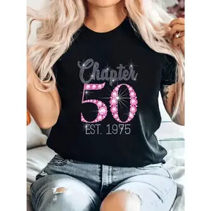Chapter 50 Est 1975 Happy 50Th Birthday Girl T-Shirt Cotton Round Neck Short Sleeves Super Soft Stylish Versatile Wear for All Seasons Loose Fit Flattering for Everyone