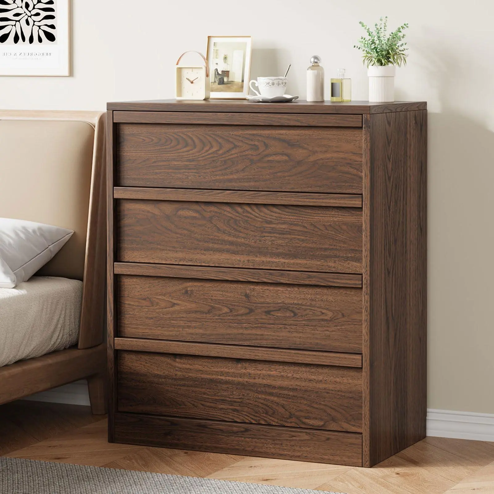 4 Drawers Nightstand for Bedroom, Wooden Small Bedside Table Cabinet with Large Storage & Anti-Tip Device, Modern End Side Table Night Stand for Living Room, Entryway - Walnut