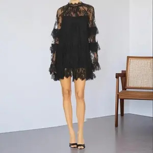 New for Spring 2026! A must-have for Valentine's Day dates! Women's sheer lace long-sleeve mini dress | Round-neck cocktail party dress | Perfect for a Valentine’s Day dinner and spring gatherings.