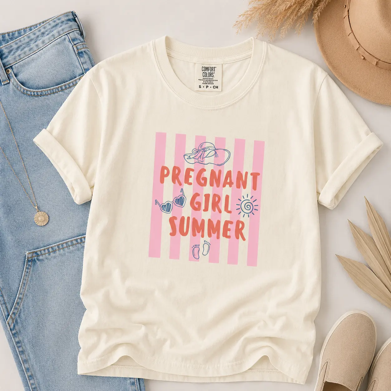 Women's Comfort Colors Striped Short-Sleeve Printed T-Shirt Top - Summer Streetwear Pregnancy Announcement Gift for Pregnant Women by TrendWear USA, Shortsleeve, Everyday, Tshirt, Graphic, Casual, Cotton, Tee