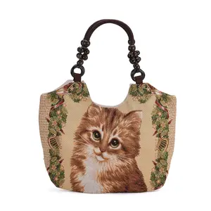TAMSY Cat Pattern Tote Bag with Wooden Beads Handle