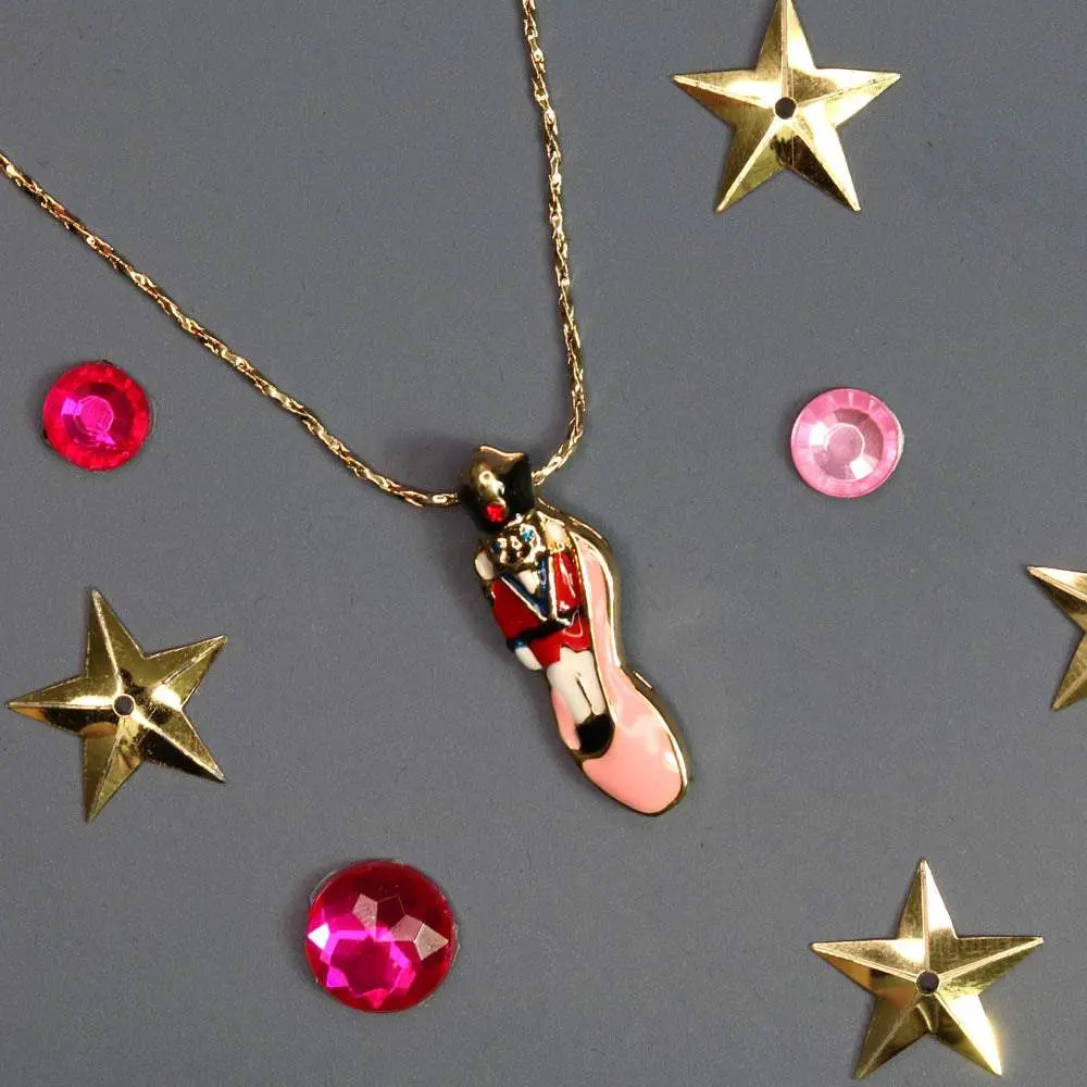 Nutcracker with Red Jacket in Pink Ballet Slipper Necklace