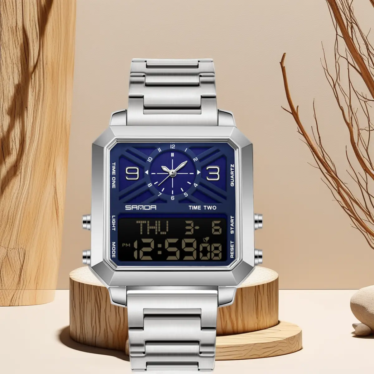 Men's Steel Band Square Face Digital Watch - Dual Display, Multi-Function, Countdown, 3 Time Zones, Water Resistant, Alloy Casual Blue Dial Wrist Watch, Water Resistant Watch